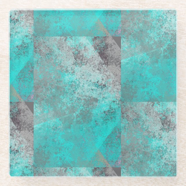 Aqua Turquoise and Gray Stone look Glass Coaster (Front)