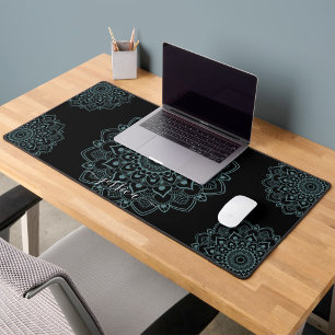 Aqua Turquoise & Black Mandala w Calligraphy Name Desk Mat