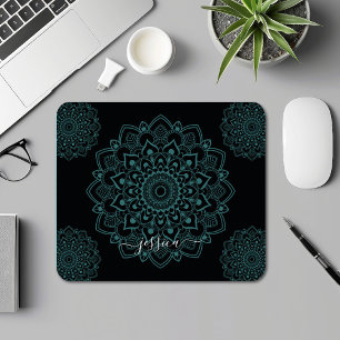 Aqua Turquoise & Black Mandala w Calligraphy Name Mouse Pad