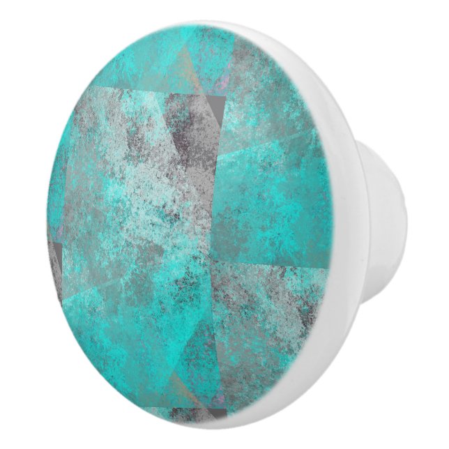 Aqua Turquoise Blue and Gray Abstract Ceramic Knob (Right)