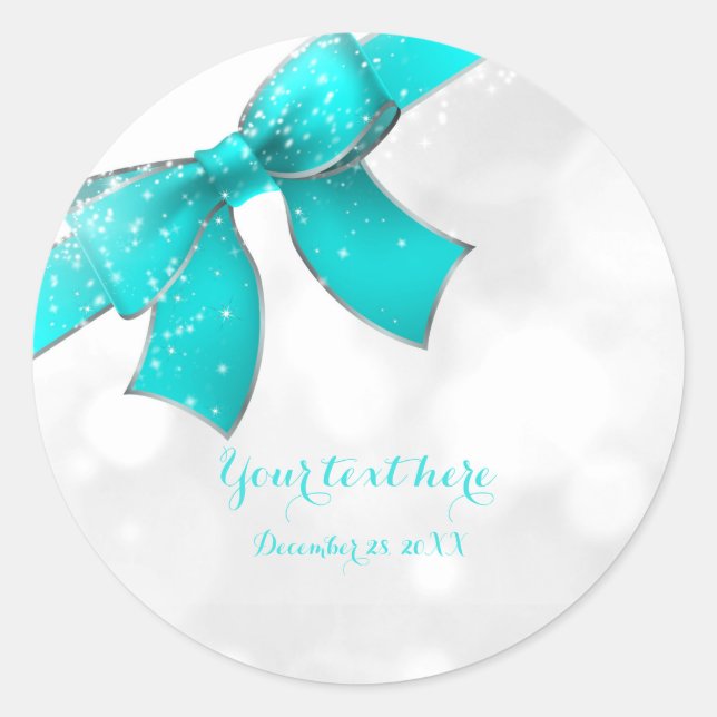 Aqua Turquoise Blue Bow & Sparkles Chic Party Classic Round Sticker (Front)