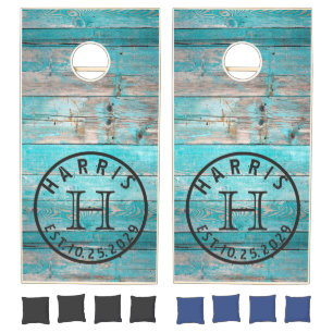 Aqua Turquoise Blue Distressed Wood Monogram Cornhole Set