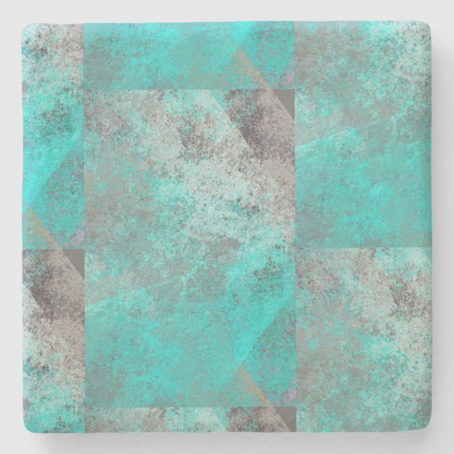 Aqua Turquoise Blue Gray Abstract Squares Stone Coaster (Front)