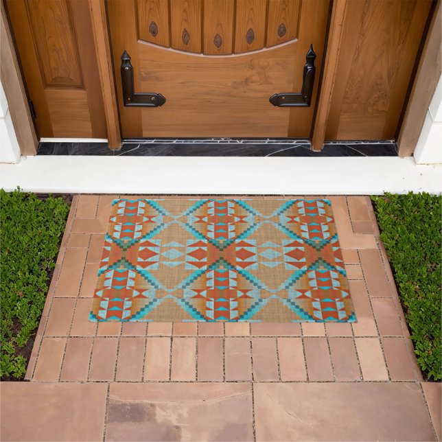 Aqua Turquoise Blue Orange Brown Tribal Pattern Doormat (Outdoor)