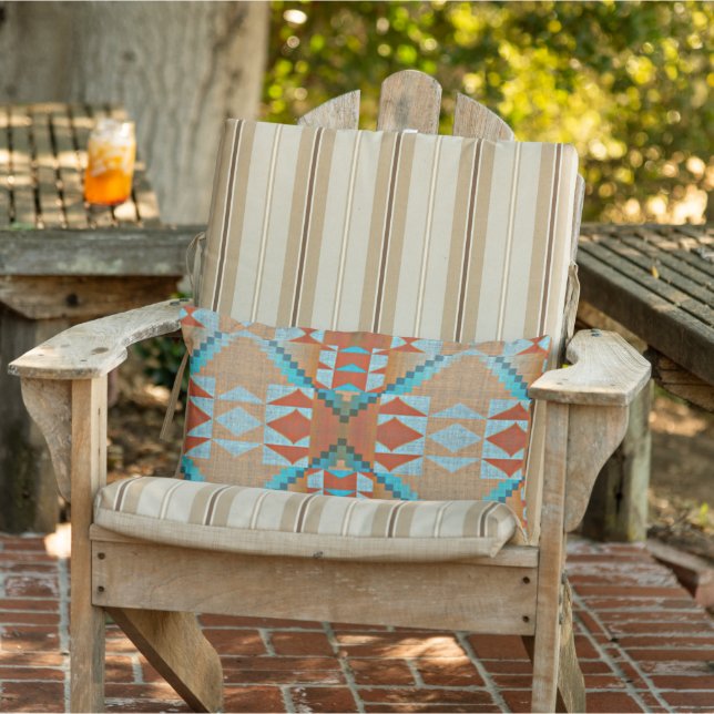 Aqua Turquoise Blue Orange Brown Tribal Pattern Lumbar Pillow (Chair)