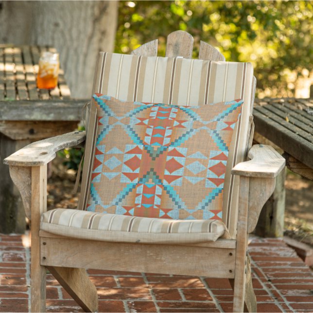 Aqua Turquoise Blue Orange Brown Tribal Pattern Outdoor Pillow (Chair)