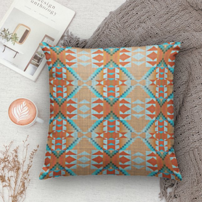 Aqua Turquoise Blue Orange Brown Tribal Pattern Throw Pillow (Creator Uploaded)
