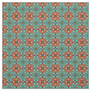 Aqua Turquoise Blue Orange Red Brown Orient Art Fabric