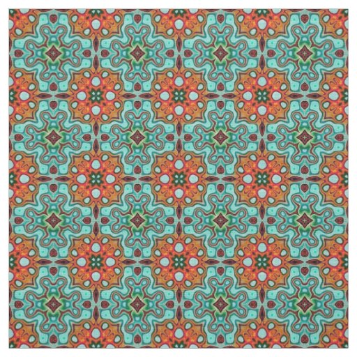 Aqua Turquoise Blue Orange Red Brown Orient Art Fabric