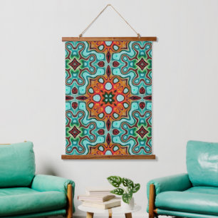 Aqua Turquoise Blue Orange Red Brown Tribal Art Hanging Tapestry