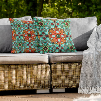 Aqua Turquoise Blue Orange Red Brown Tribal Art Outdoor Pillow