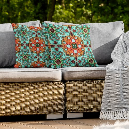 Aqua Turquoise Blue Orange Red Brown Tribal Art Outdoor Pillow