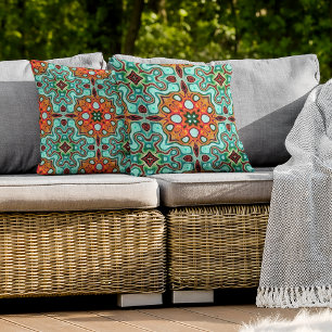 Aqua Turquoise Blue Orange Red Brown Tribal Art Throw Pillow