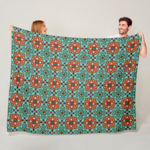 Aqua Turquoise Blue Orange Red Brown Tribe Art Fleece Blanket