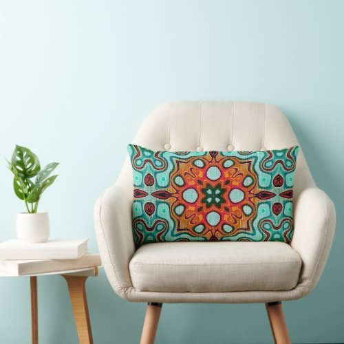 Aqua Turquoise Blue Orange Red Brown Tribe Art Lumbar Pillow