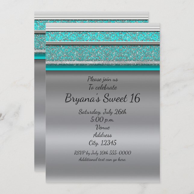 Aqua Turquoise Blue & Silver Sweet 16 Invitations (Front/Back)