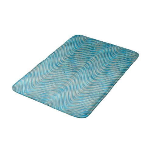 Aqua Turquoise Blue Taupe Curved Lines Pattern Bathroom Mat