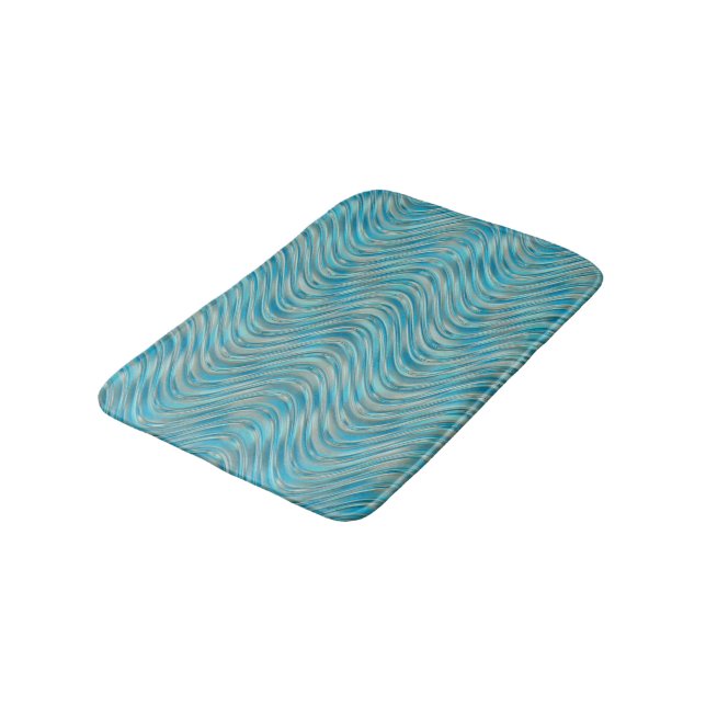 Aqua Turquoise Blue Taupe Curved Lines Pattern Bathroom Mat (Angled)
