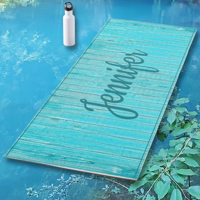 Aqua Turquoise Blue Wood Personalized Yoga Mat (Creator Uploaded)