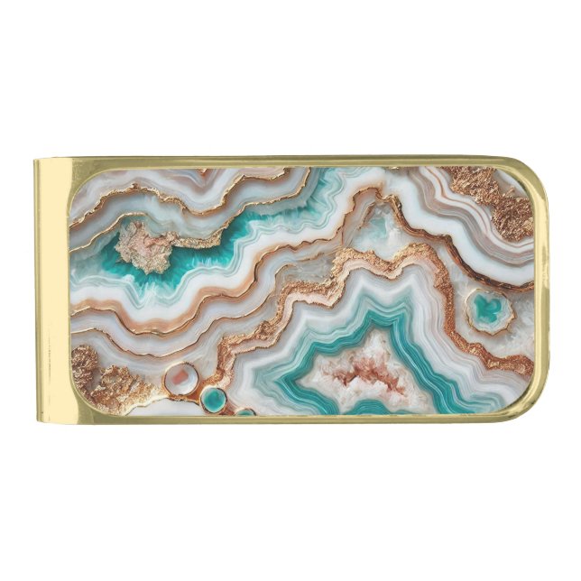 Aqua Turquoise Blush Pink Rose Gold Marble Gold Finish Money Clip (Front)
