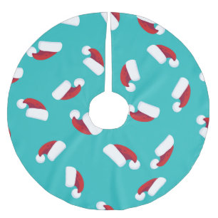Aqua Turquoise Bright Blue & Red Santa Hats Brushed Polyester Tree Skirt