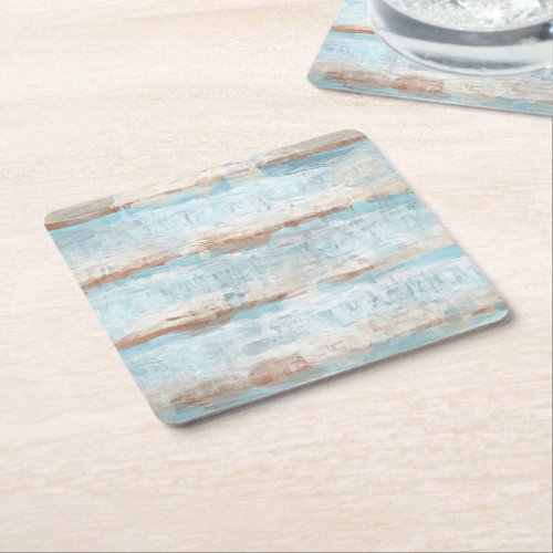 Aqua Turquoise Brown White Watercolor Stripes Art Square Paper Coaster