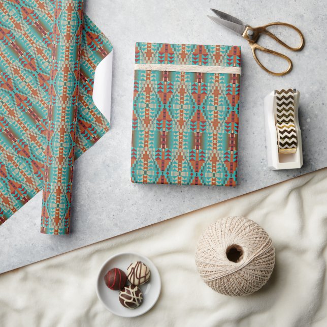 Aqua Turquoise Burnt Orange Taupe Brown Mosaic Art Wrapping Paper (Crafts)