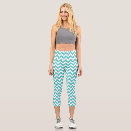 Aqua Turquoise Chevron Pattern Capri Leggings