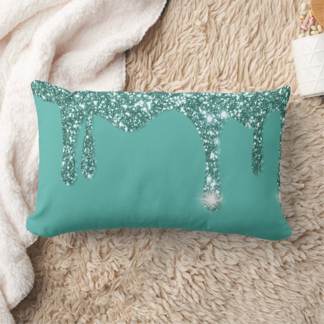 Aqua Turquoise Dripping Glitter Lumbar Pillow (Blanket)
