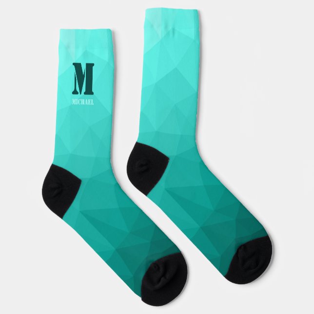 Aqua turquoise geometric mesh pattern Monogram Socks (Right)
