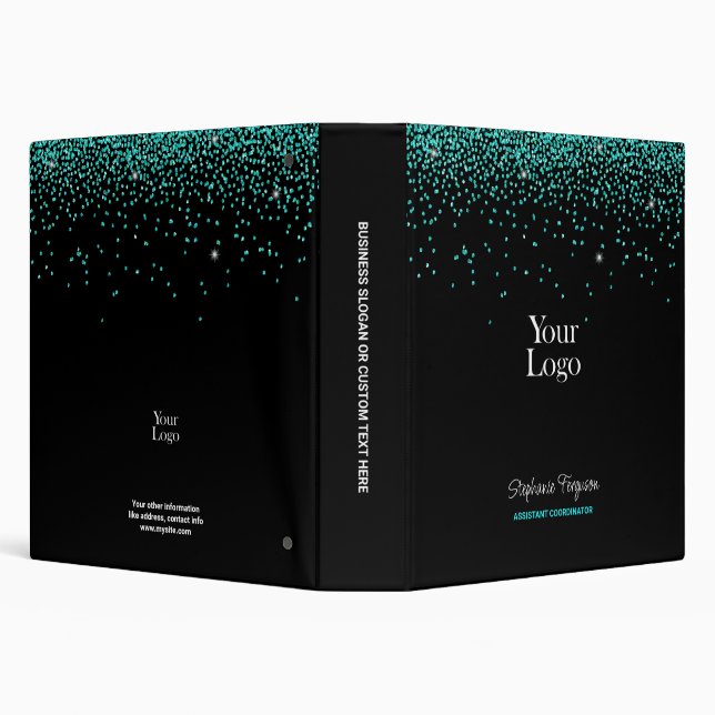 Aqua Turquoise Glitter on Black Background 3 Ring Binder (Background)