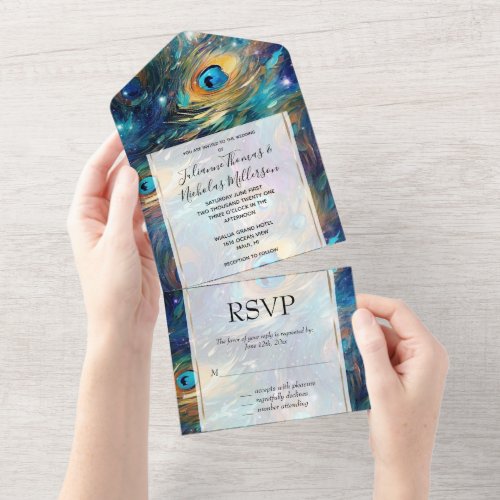 Aqua Turquoise Gold Peacock Feathers All In One Invitation