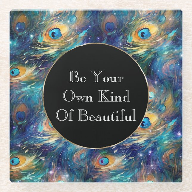 Aqua Turquoise Gold Peacock Feathers Glass Coaster (Front)