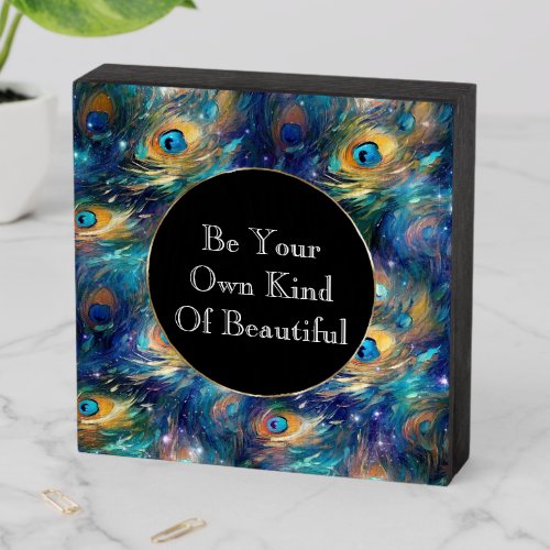 Aqua Turquoise Gold Peacock Feathers Wooden Box Sign