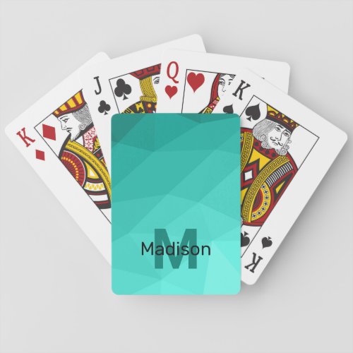 Aqua Turquoise Gradient Geometric Mesh Monogram Poker Cards