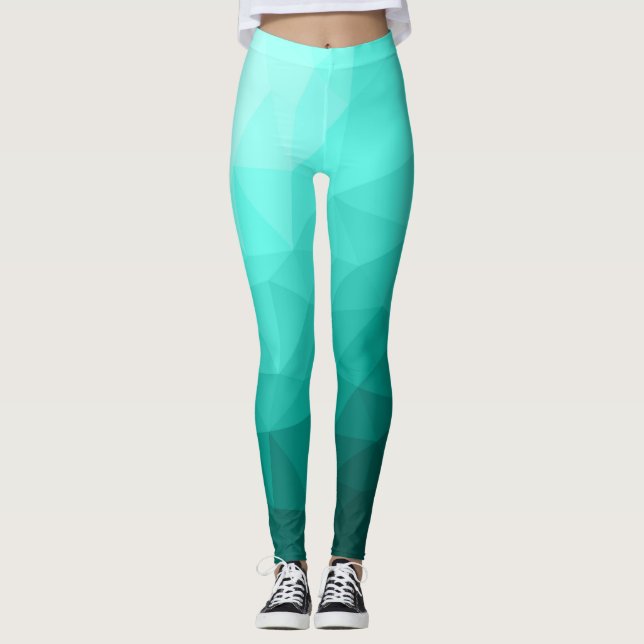 Aqua Turquoise Gradient Geometric Mesh Pattern Leggings (Front)