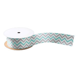Aqua Turquoise Gray Wht LG Chevron ZigZag Pattern Satin Ribbon