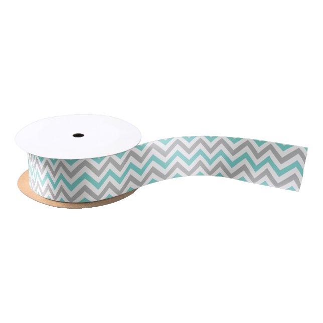 Aqua Turquoise Gray Wht LG Chevron ZigZag Pattern Satin Ribbon (Spool)