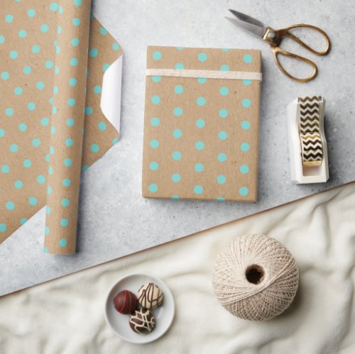 Aqua Turquoise Green Dots Faux Rustic Brown Kraft Wrapping Paper