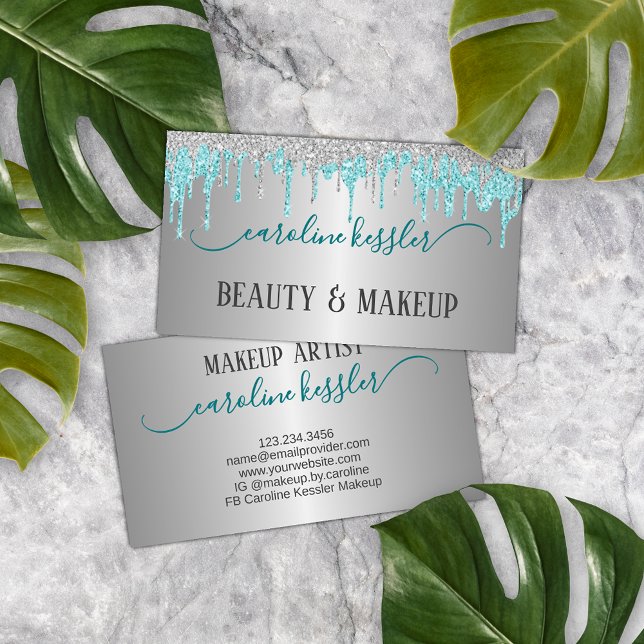 Aqua Turquoise Green Silver Glitter Sparkle Drip Business Card (Creator Uploaded)