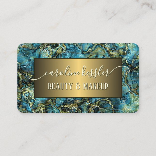 Aqua Turquoise Green Teal Blue Gold Marbled Business Card (Front)