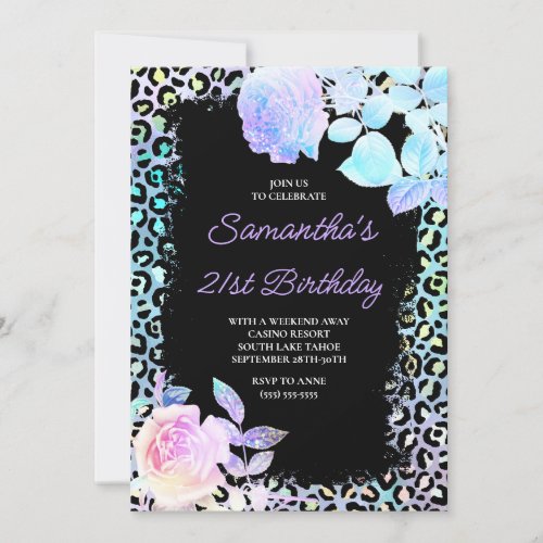 Aqua Turquoise Iridescent Leopard 21st Birthday Invitation