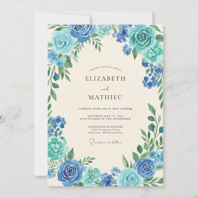 Aqua Turquoise Leafy Wedding Invitation (Front)