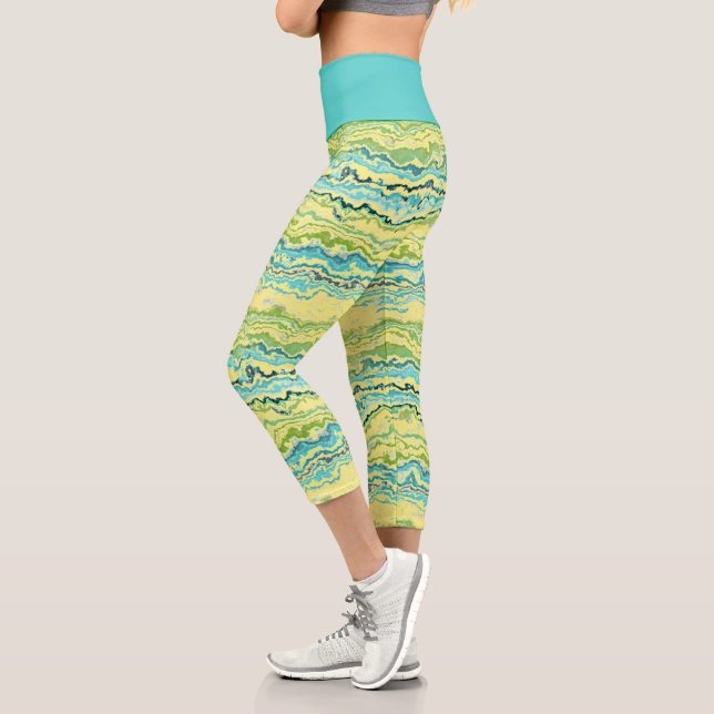 Aqua Turquoise Lime Green Minerals Agate Pattern Capri Leggings (Left)