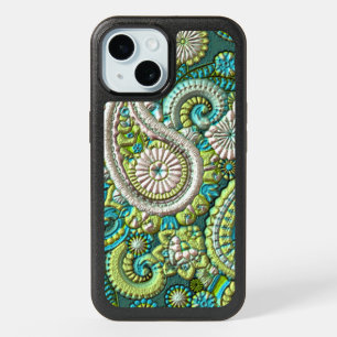 Aqua Turquoise Lime Green Paisley Floral Pattern iPhone 15 Case
