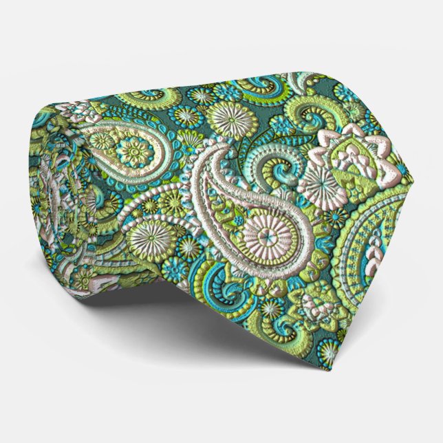 Aqua Turquoise Lime Green Paisley Floral Pattern Tie (Rolled)