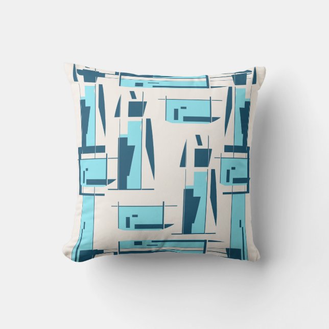 Aqua Turquoise on White Shapes and  Lines Design Throw Pillow (Front)