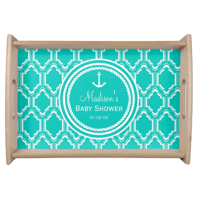 Aqua Turquoise Retro Nautical Anchor Baby Shower Serving Tray (Front)