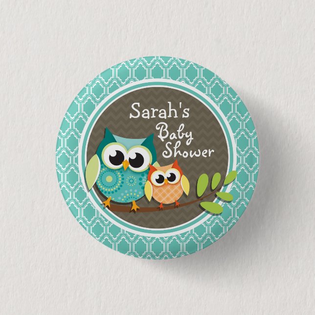 Aqua Turquoise Retro Owls Baby Shower Button (Front)