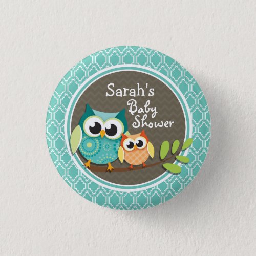 Aqua Turquoise Retro Owls Baby Shower Button